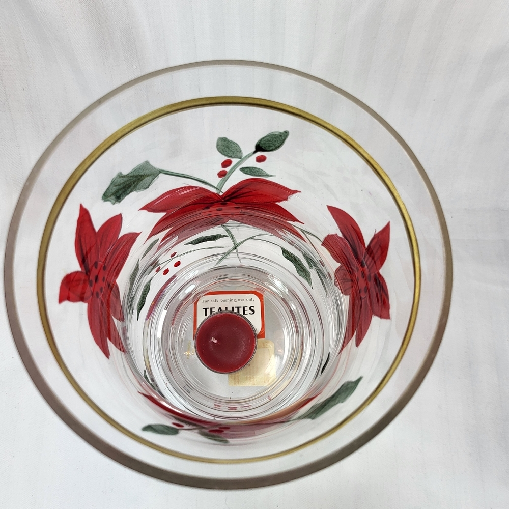 Celebrations Poinsettia Hurricane Candle Holder Glass 10" Christmas 2pc with Box - Picture 9 of 16